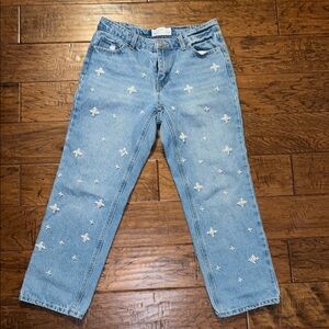 Blue and White Straight Leg Jeans with Star Embroidery